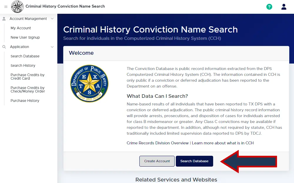 A screenshot of the Texas Department of Public Safety's Criminal History Conviction Name Search displays the search page with an option to sign up and search for offenders, along with the department's logo on the left.