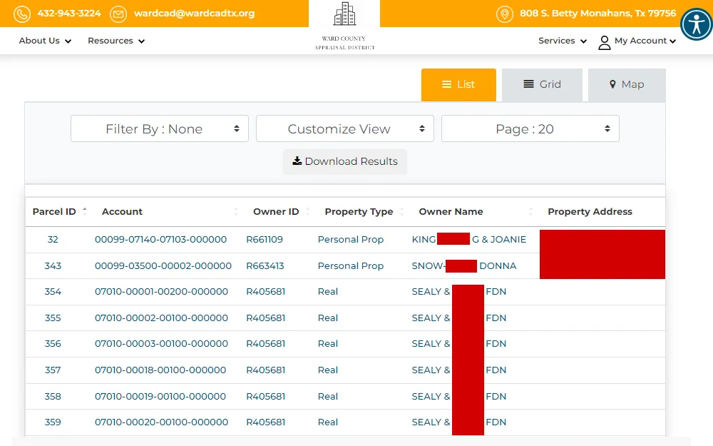 A screenshot of the result from a property search shows details such as Parcel ID, Account, Owner ID and Name, Property Type and Property Address.