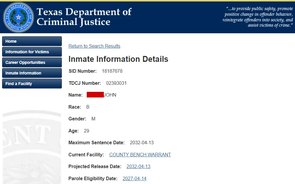 A Texas Department of Criminal Justice screenshot reveals the outcome of an inmate search, displaying offender details including their SID number, TDCJ number, name, race, gender, age, maximum sentence date, current facility, projected release date, and parole eligibility date.