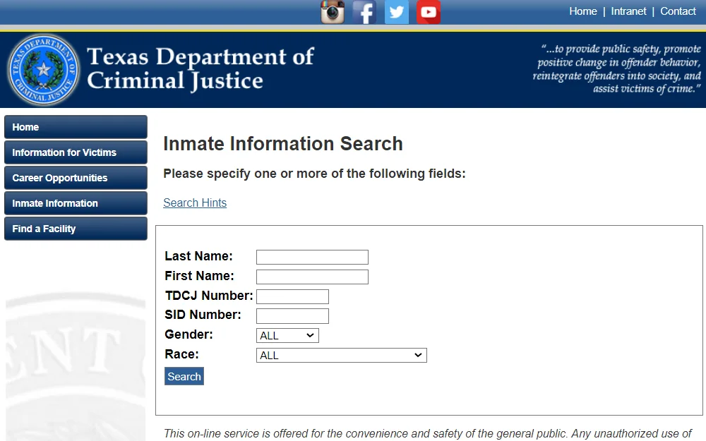 A screenshot of the Texas Department of Criminal Justice's (TDCJ) Inmate Information Search page; searchers must input the inmate's last name, first name, TDCJ number, state ID number, gender, and race to initiate a search.