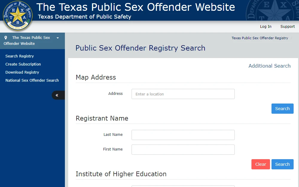 A screenshot of the Public Sex Offender Registry page offered by the Texas Department of Public Safety shows the available options to search: Map Address, Registrant Name, etc. 