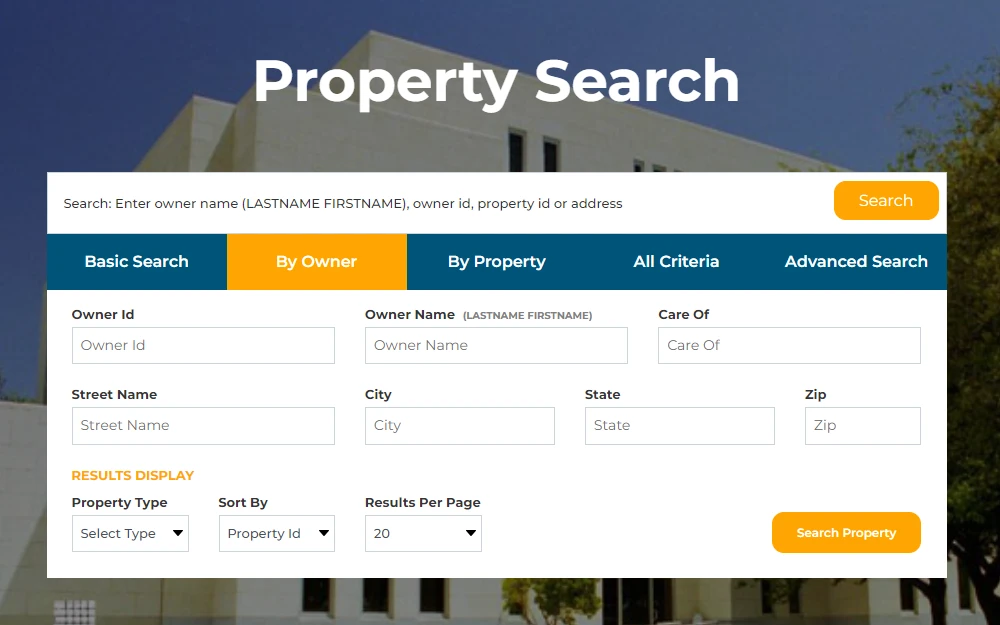 A screenshot of the Property Search page offered by the Ward County Appraisal District shows the option to search: Basic Search, By Owner, By Property, All Criteria and Advance Search; to search by owner, the searcher must input the owner ID, name, care of, and address and have the option to sort the results display.