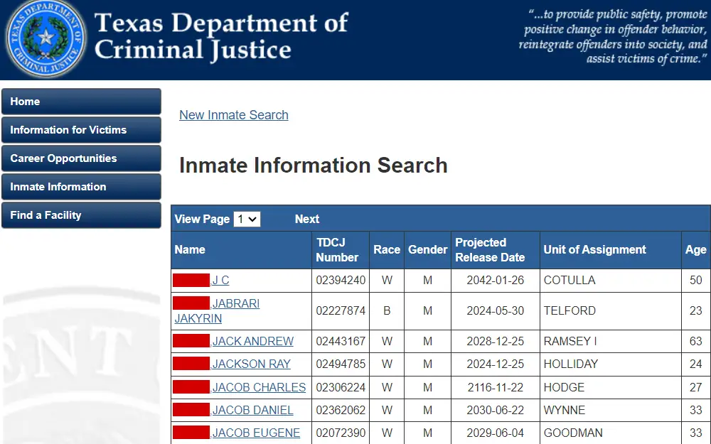 A screenshot of the Texas Department of Criminal Justice's (TDCJ) Inmate Information Search page displays the results in table form, including the inmate's name, TDCJ number, race, gender, projected release date, unit of assignment, and age.